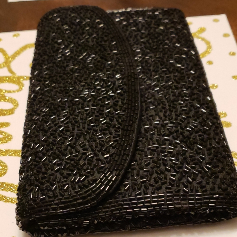 Vintage Black Beaded Clutch Purse or Wallet. Snap